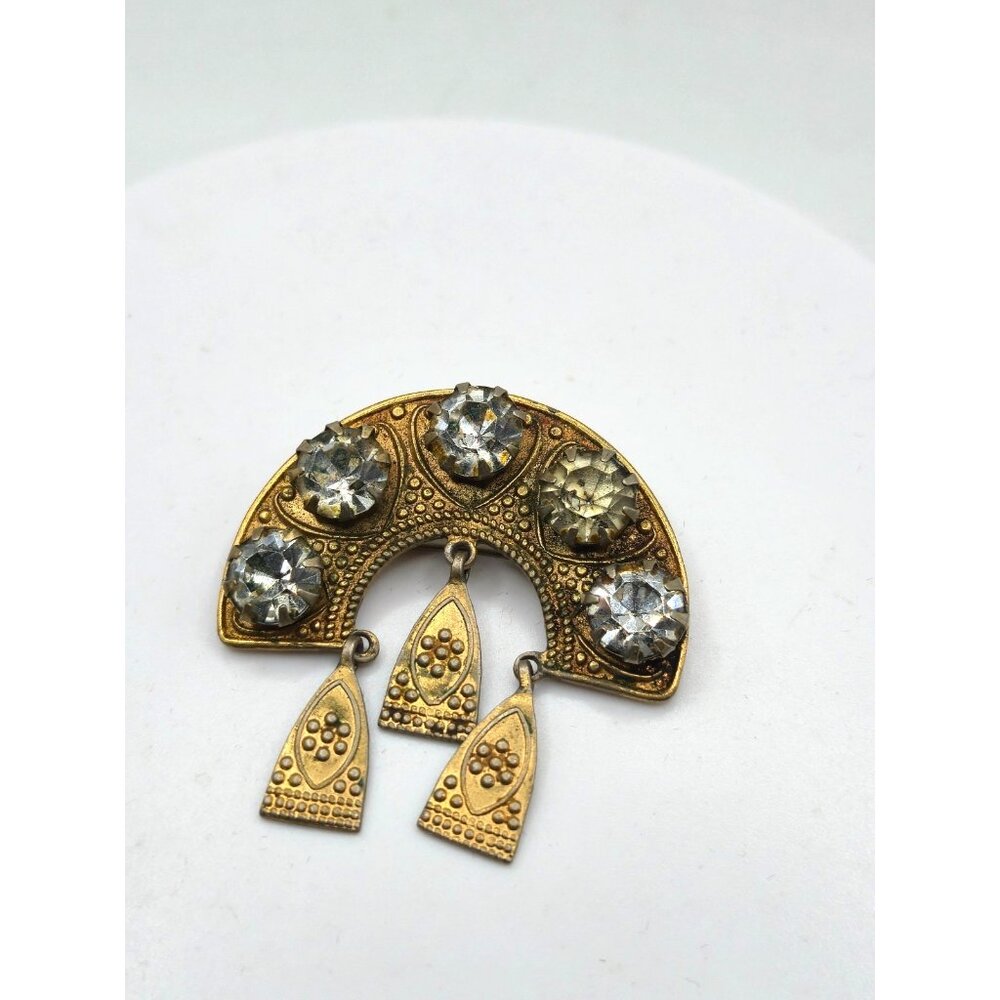Antique Austro-Hungarian Brass Brooch c.1910 • Sawtooth Settings • Dangles